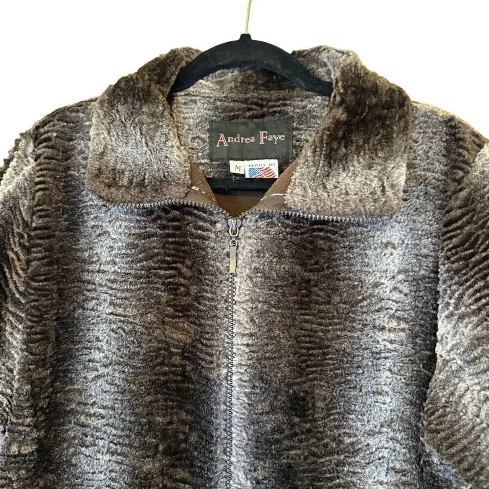 Vintage Andrea Faye Brown and Cream Animal Look Fleece Jacket Size M